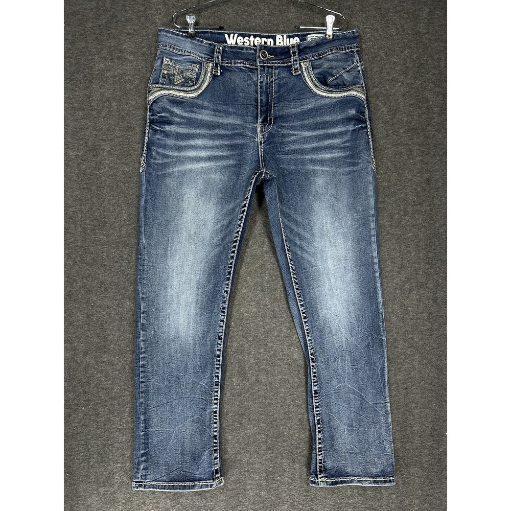 Western Blue Jeans Mens 38x30 Blue Straight Leg Thick Stitch Stretch Whiskering